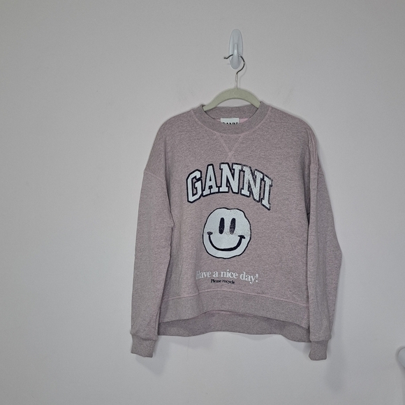 Ganni Isoli smiley face drop shoulder crewneck sweatshirt lilac XS NWOT - Picture 6 of 10